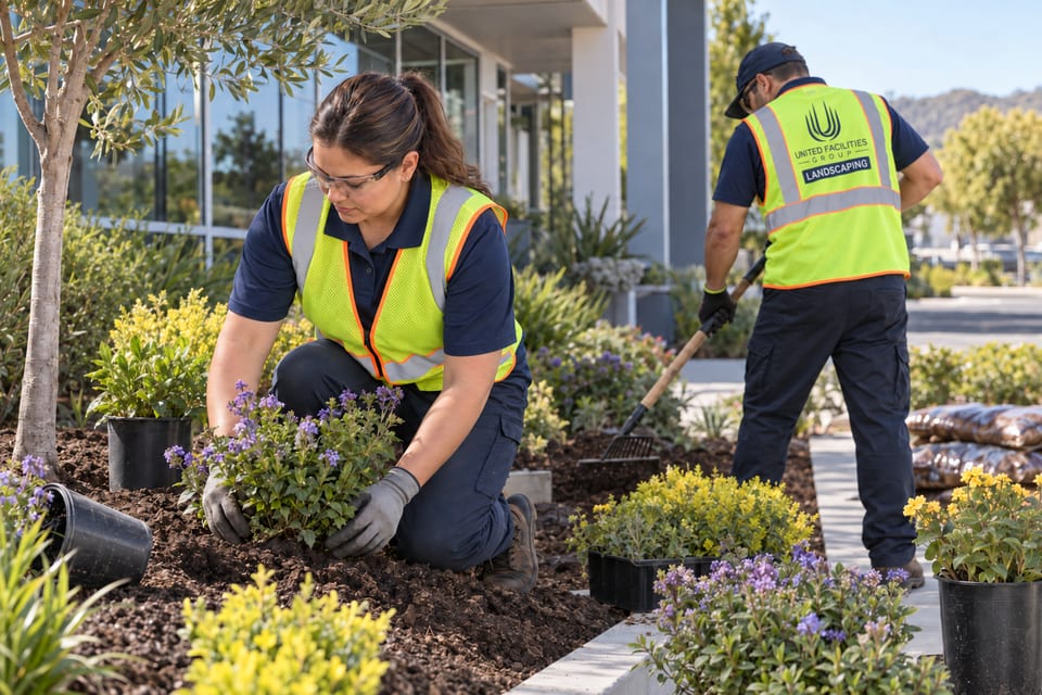 Generated illustration: A crew prepares a workplace planting bed with plants and hand tools.
