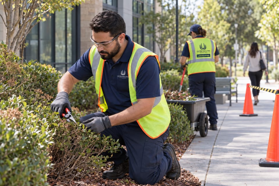 Generated illustration: A gloved landscape worker prunes a low shrub from stable ground.