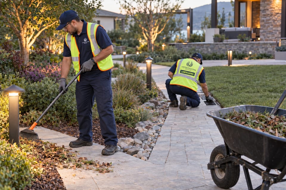 Generated illustration: A crew clears plant debris and checks an accessible workplace path.