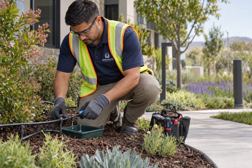 Generated illustration: A worker checks planting-bed drip emitters with a leak-catching tray.