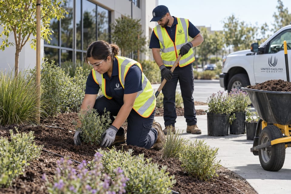 Generated illustration: A gloved landscape crew plants drought-tolerant shrubs at a workplace bed.