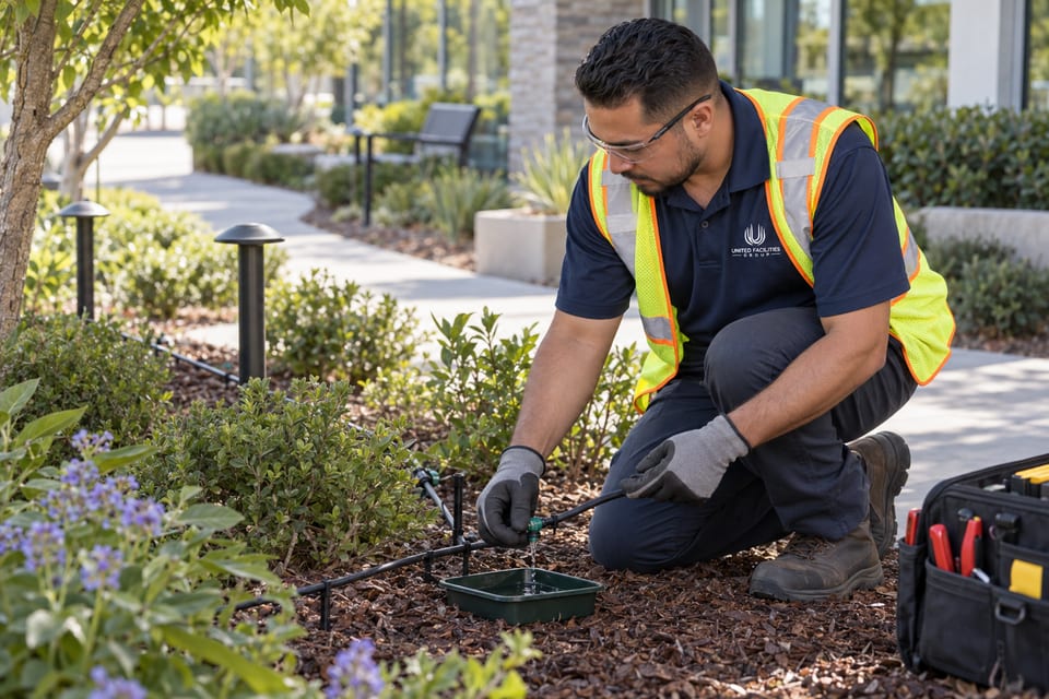 Generated illustration: A worker checks planting-bed drip emitters with a leak-catching tray.
