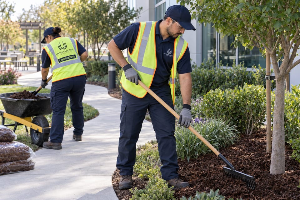 Generated illustration: A crew spreads mulch around plants while keeping their trunks clear.