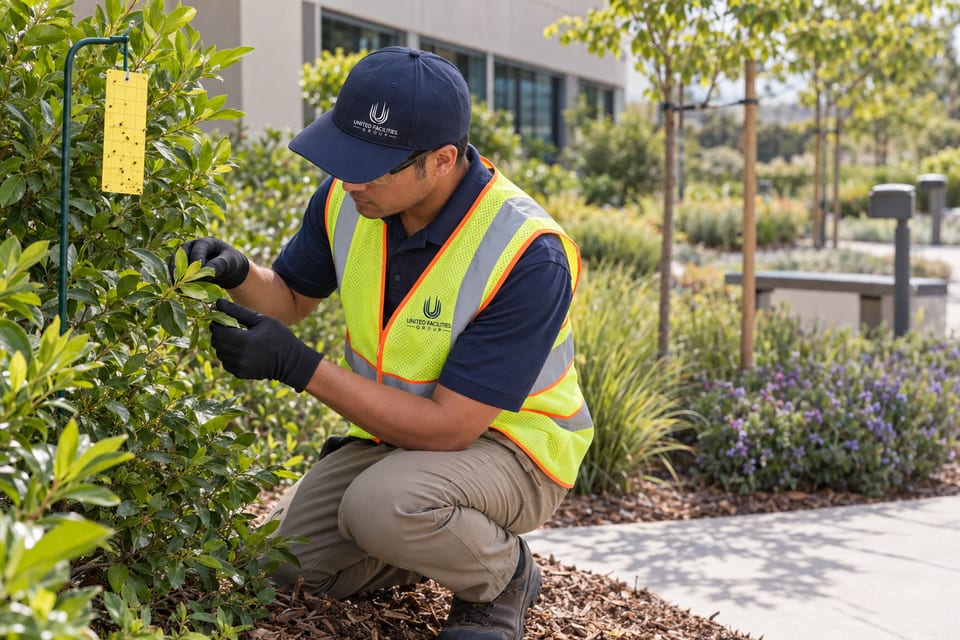 Generated illustration: A worker inspects leaves and a monitoring trap without spraying pesticides.